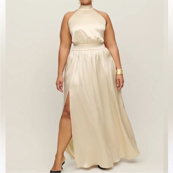 NWT Reformation Ivory Alani Silk Side Slit Backless Halter Maxi Dress size 14 - Picture 12 of 12
